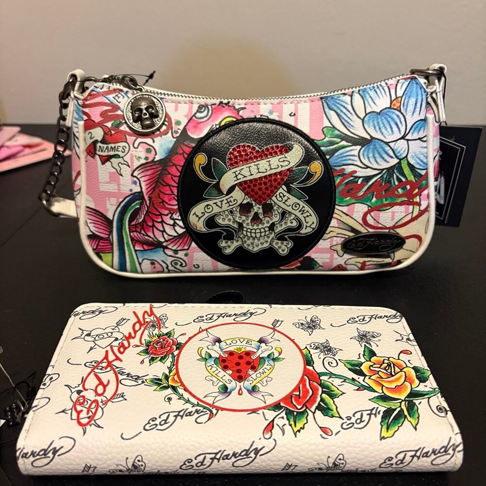 NWT Ed Hardy White & Pink "Love Kills Slowly" Baguette Bag and Wristlet Wallet S